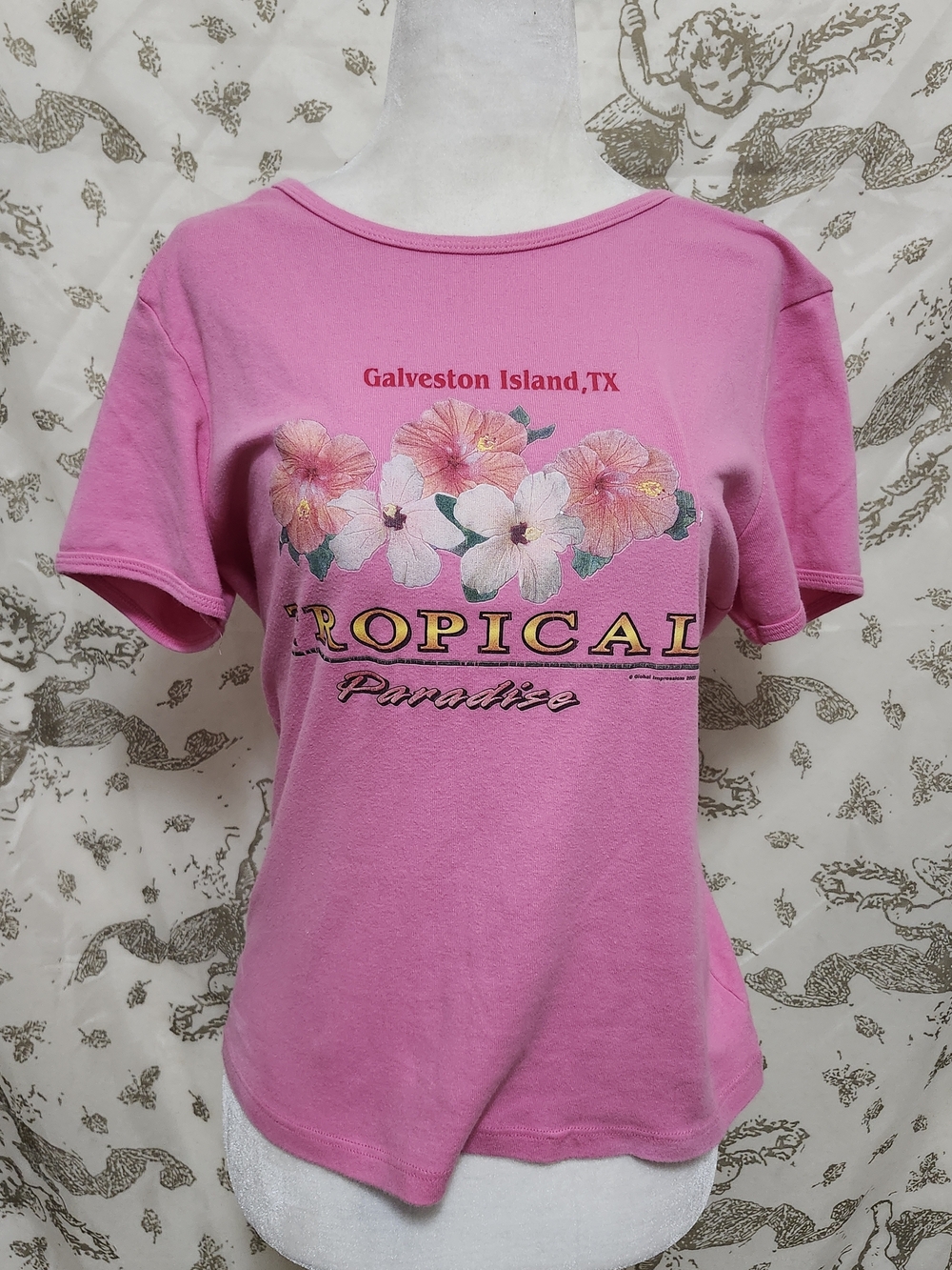 Vintage Y2k 2003 Pink Galvestom Hibiscus Floral Short Sleeve Tee L